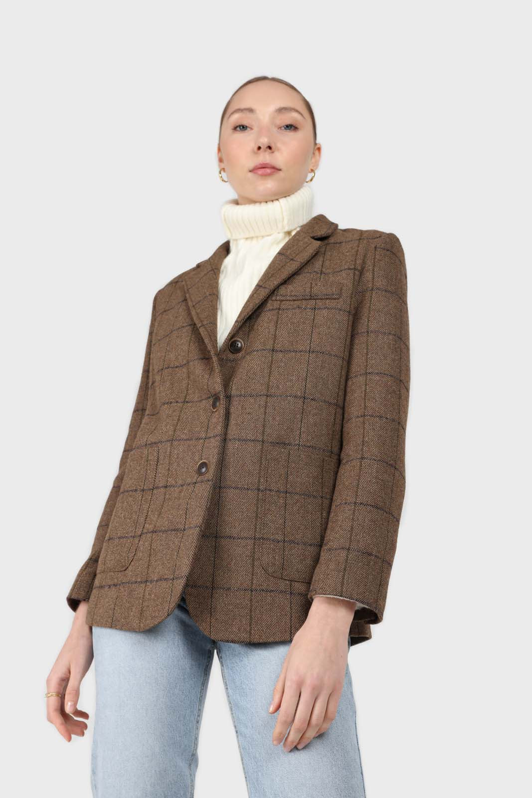 Beige checked wool blend patch pocket blazer_2