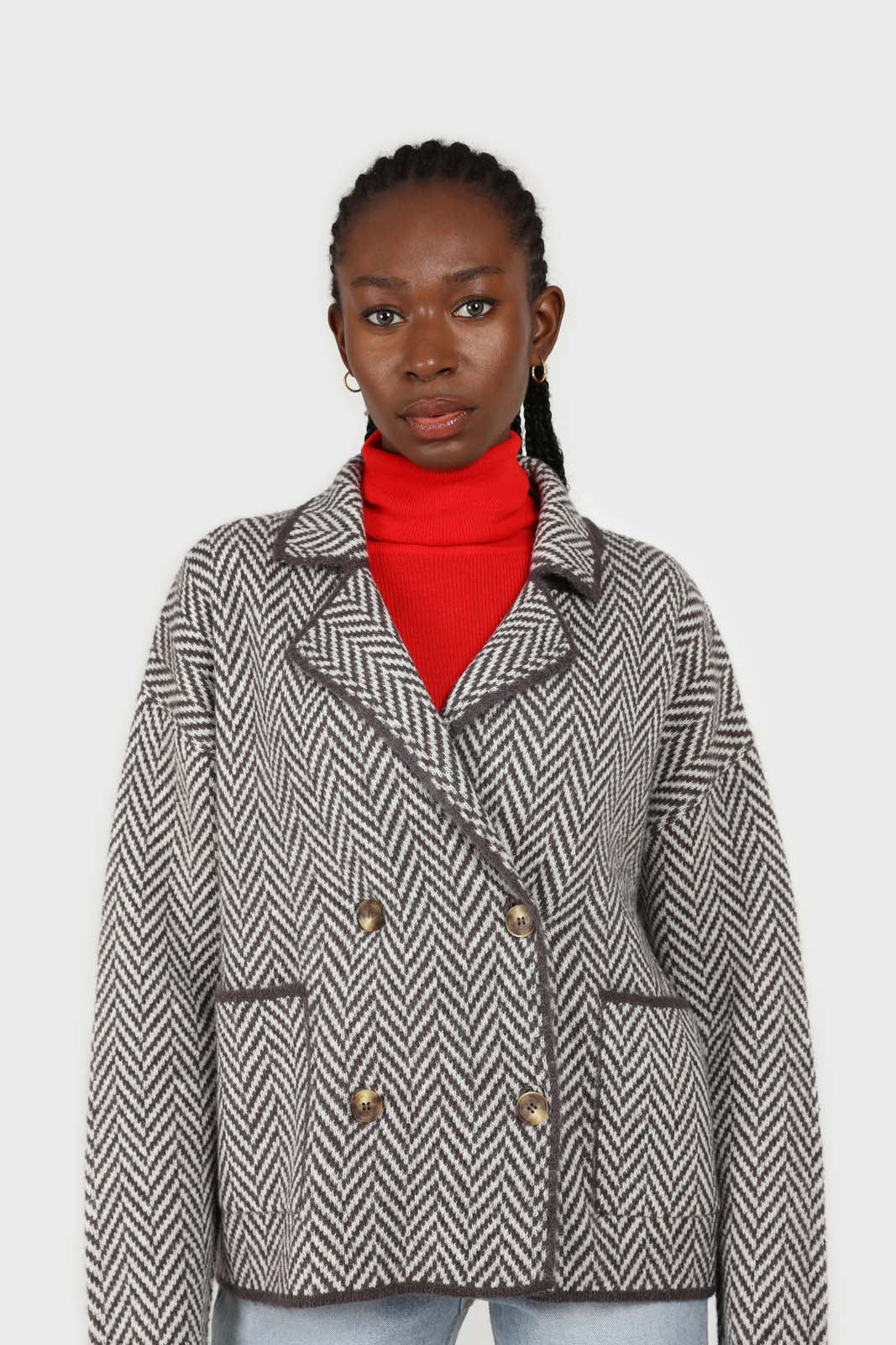 Charcoal herringbone alpaca wool blend cardigan_1