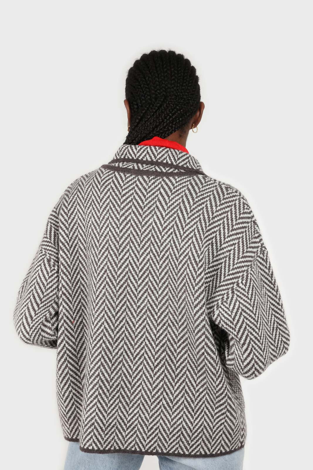 Charcoal herringbone alpaca wool blend cardigan_3