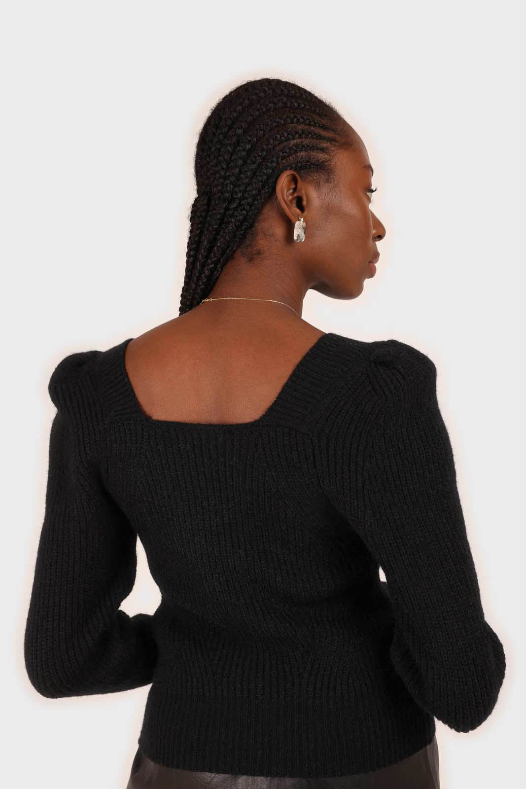Black puff sleeved square neck knit top_3