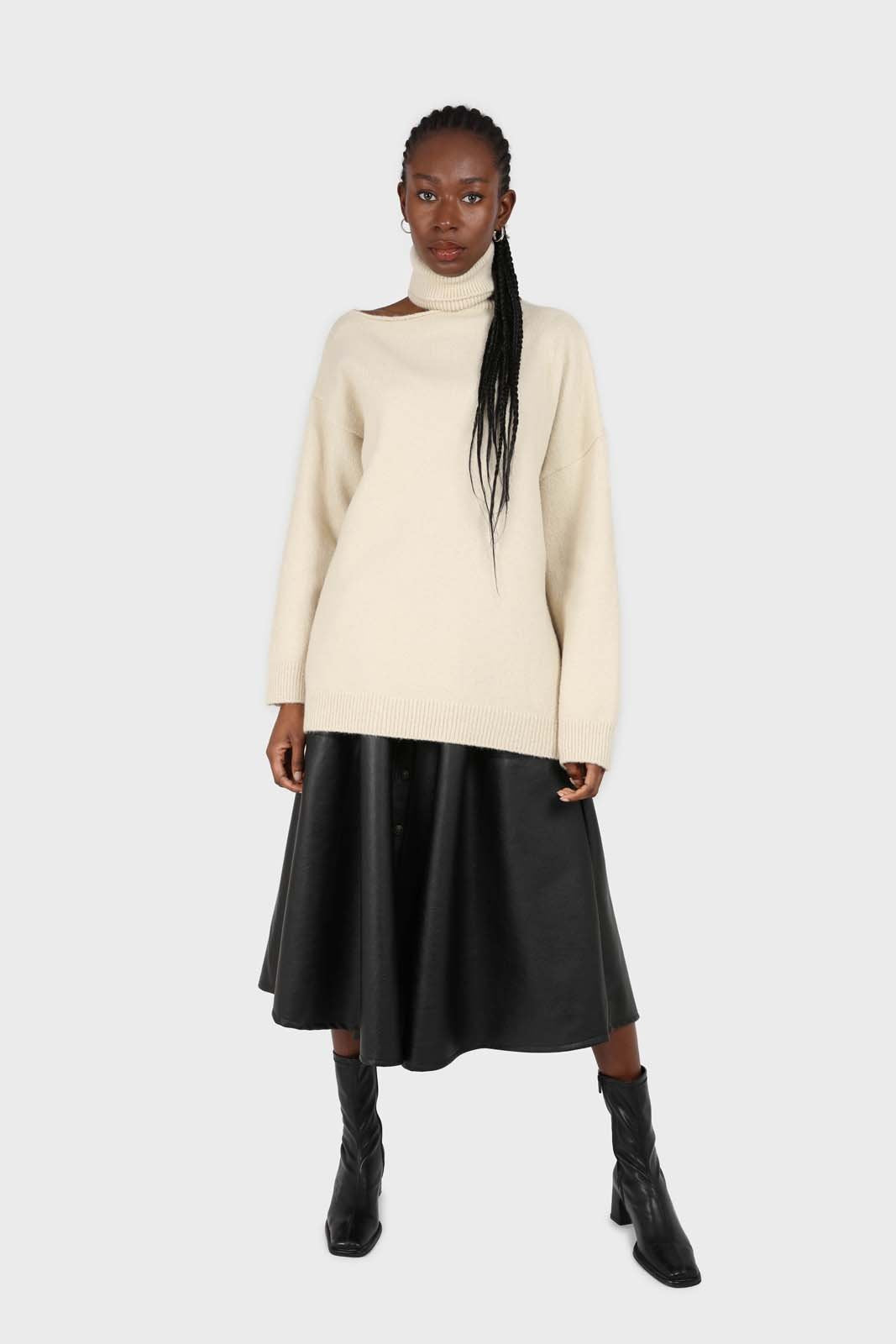 Black vegan leather button front skirt_5