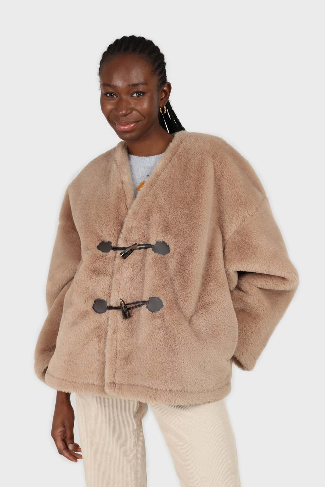 Beige faux fur toggle button short coat_1