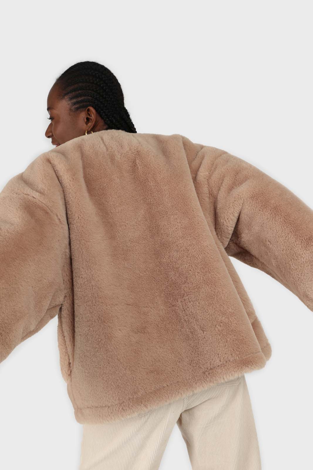 Beige faux fur toggle button short coat_3