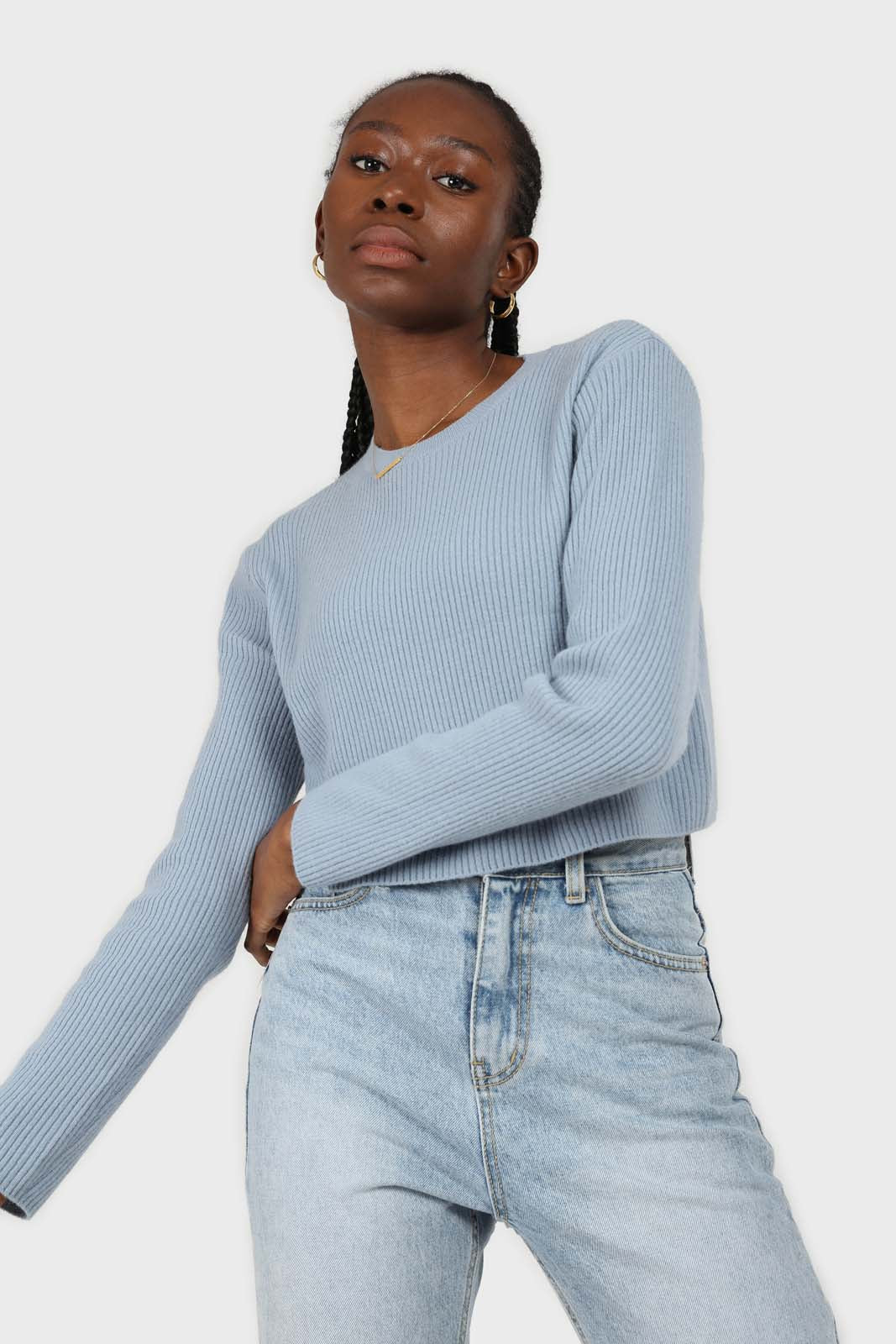 Blue cashmere-wool blend cropped knit top_1