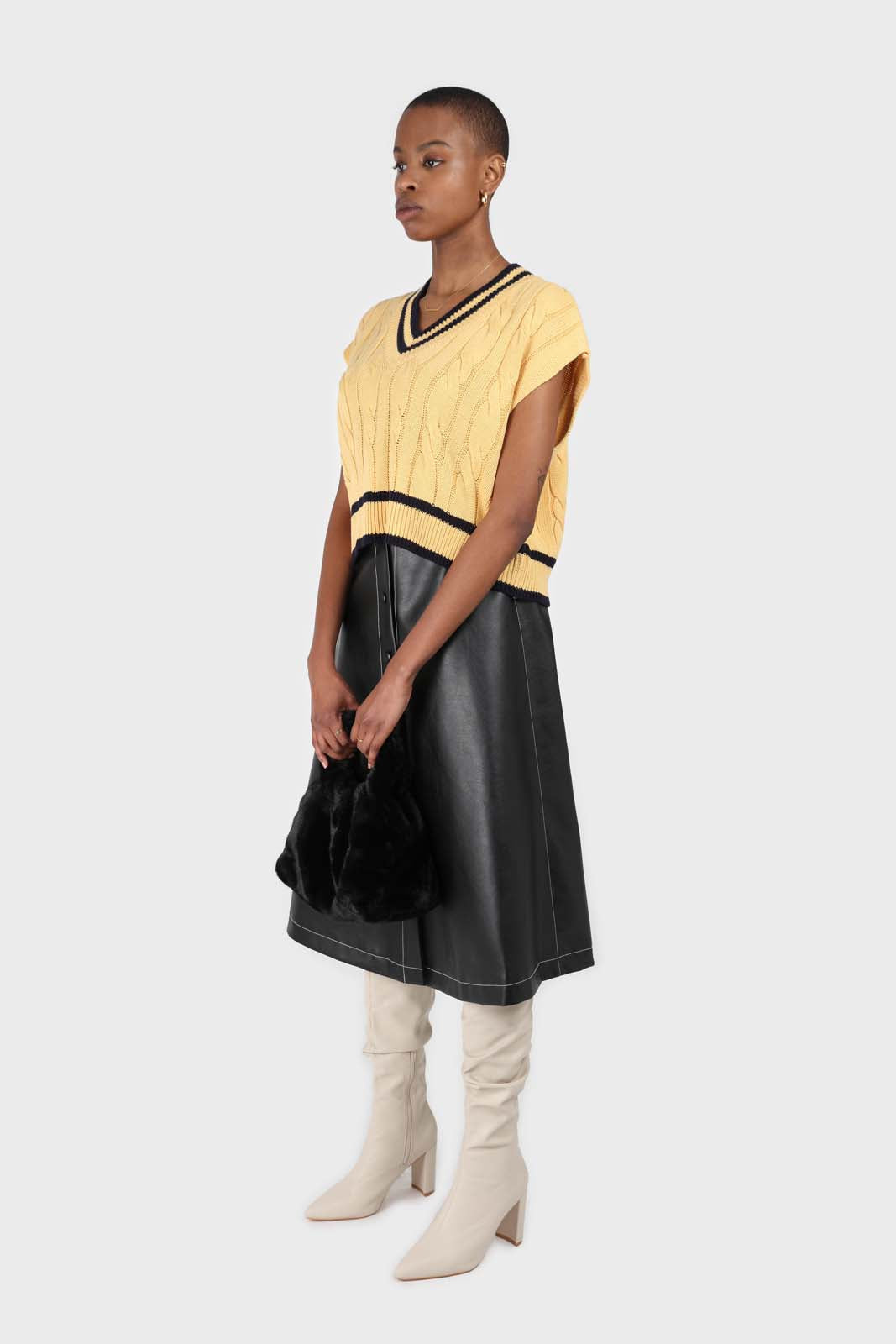 Yellow and black varsity trim cableknit vest_4