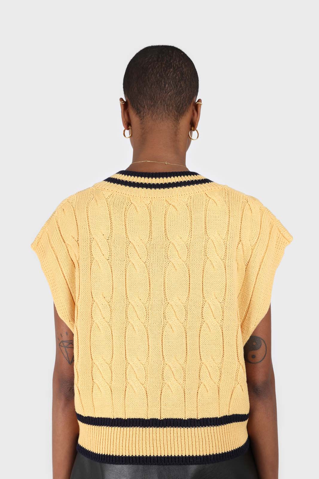 Yellow and black varsity trim cableknit vest_6