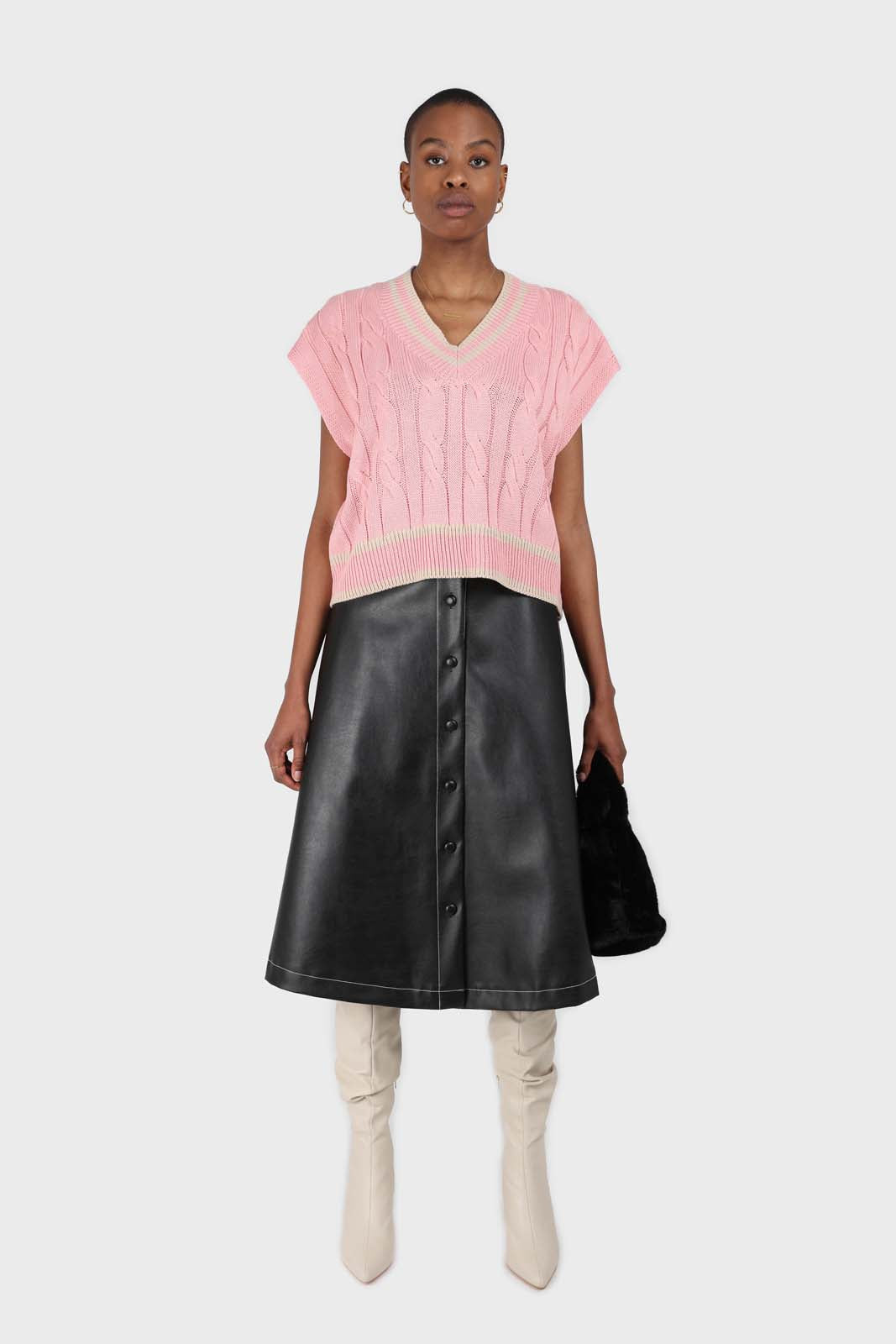 Pink and beige varsity trim cableknit vest_2