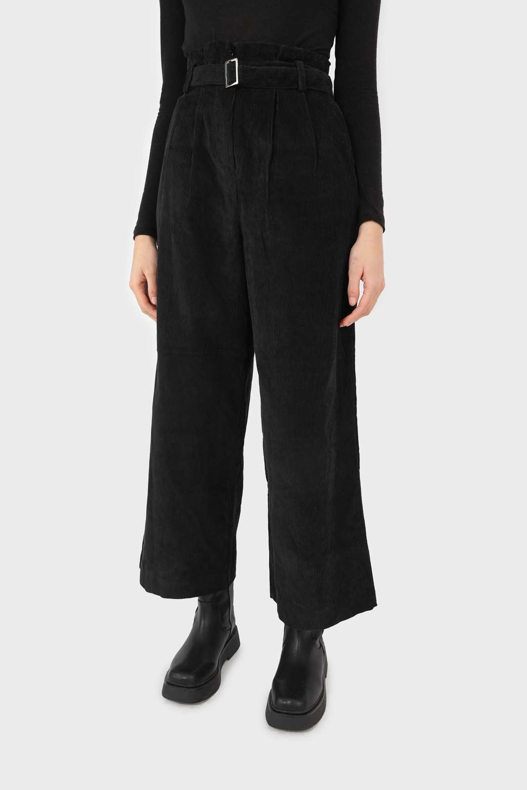 Black micro corduroy belted loose fit trousers_1