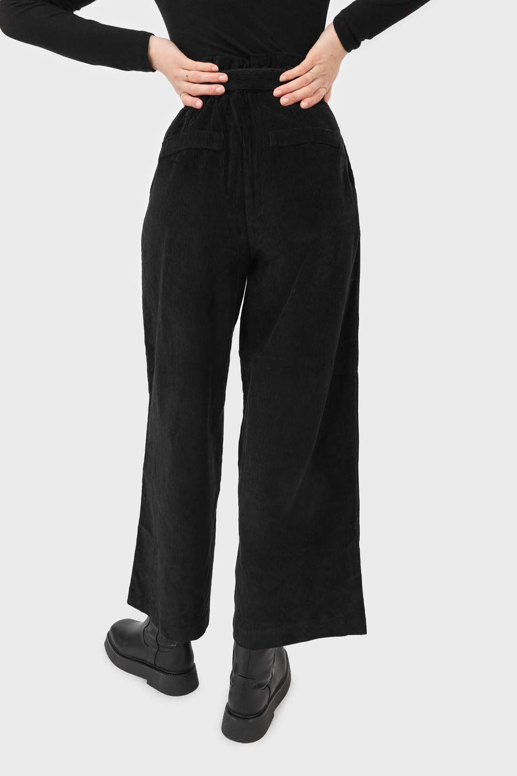 Black micro corduroy belted loose fit trousers_2