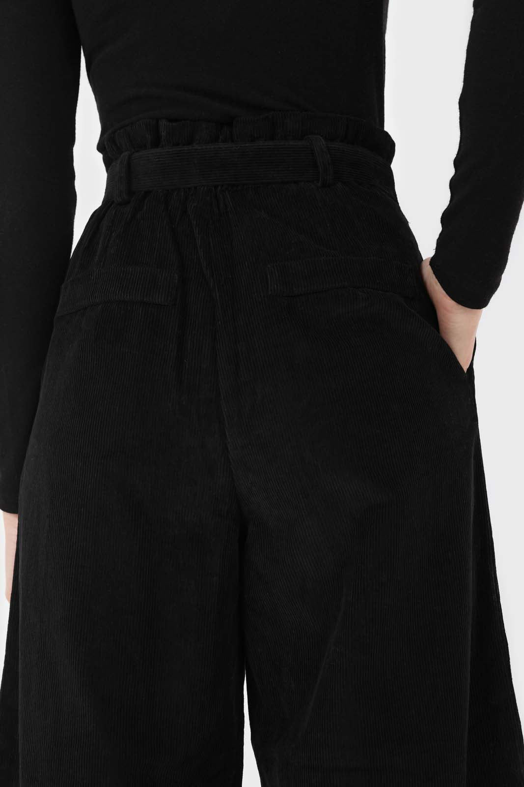 Black micro corduroy belted loose fit trousers_3
