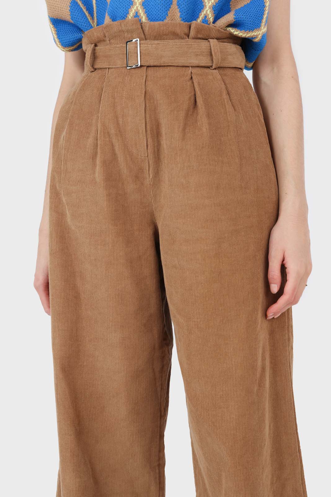 Beige micro corduroy belted loose fit trousers_5