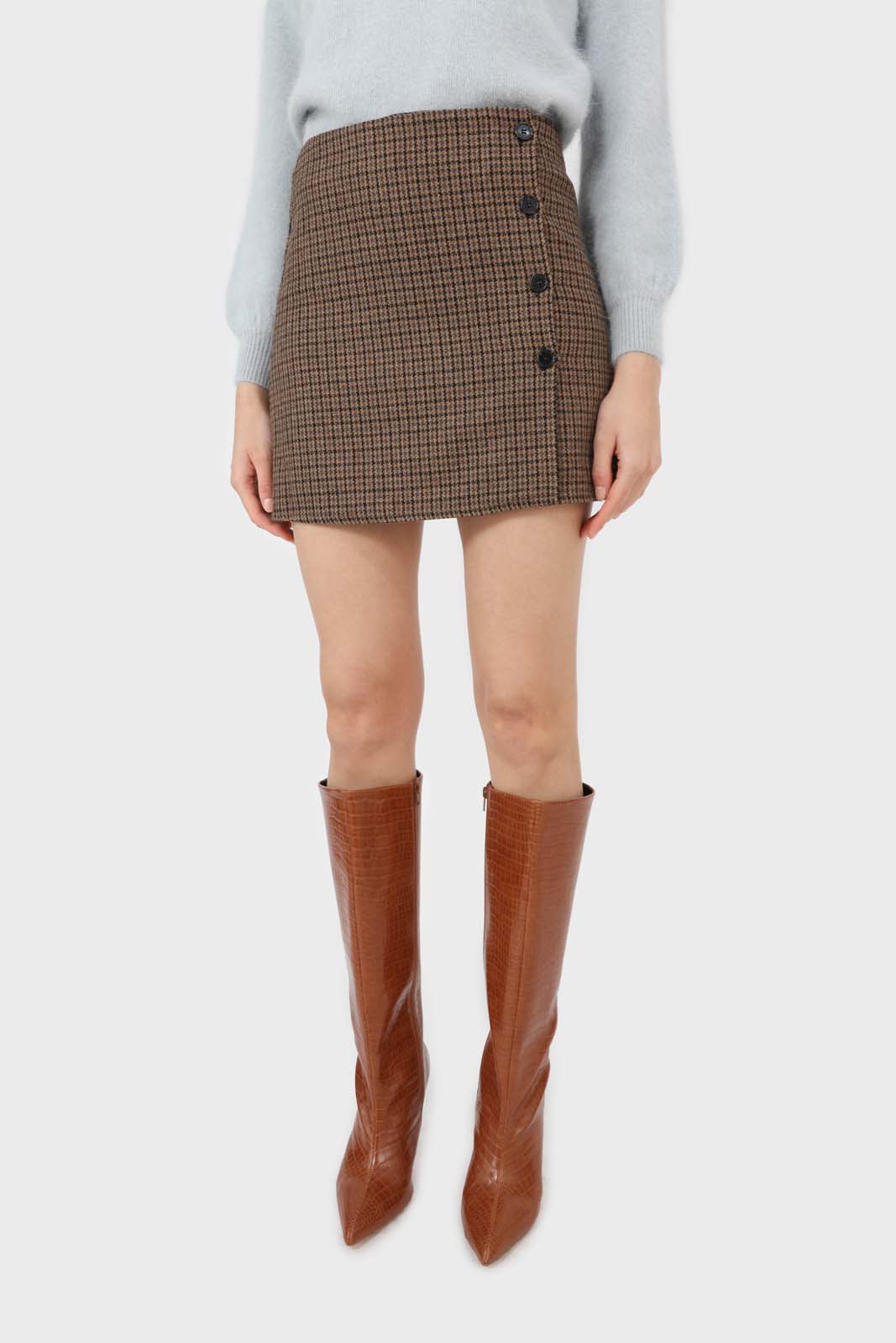 Beige checked button up wrap mini skirt_1