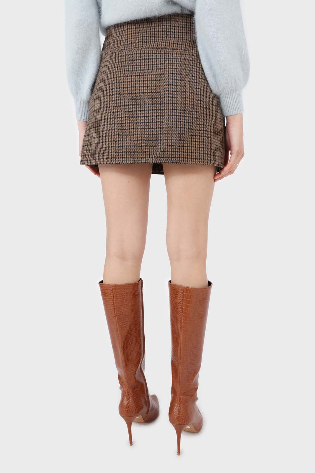 Beige checked button up wrap mini skirt_3