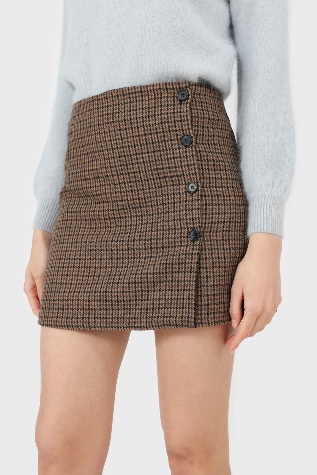 Beige checked button up wrap mini skirt_2