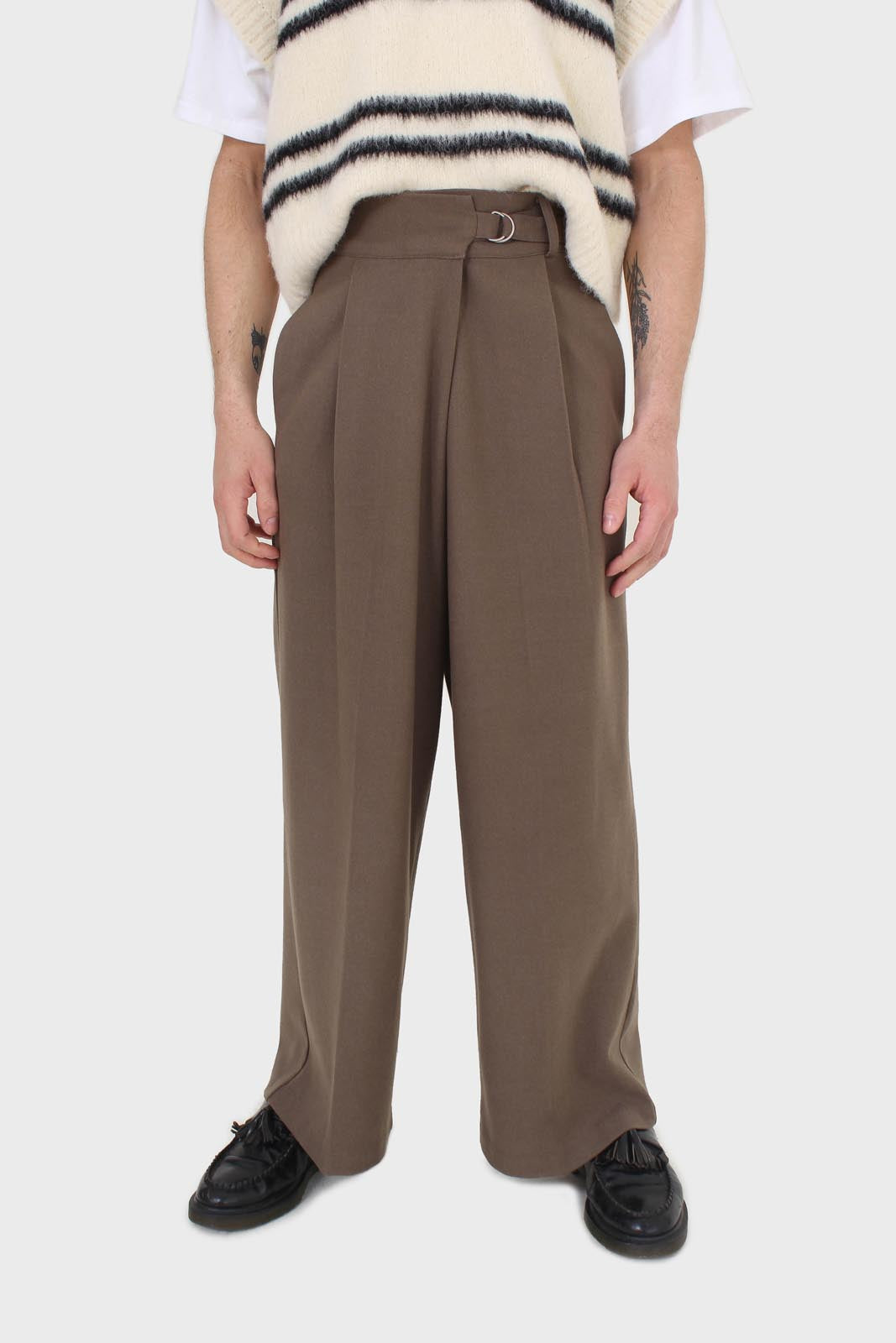 Brown tucked wrap belted loose fit trousers_1