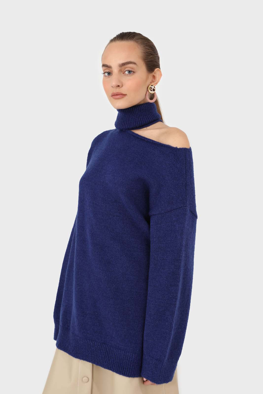 Cobalt blue slit neck turtleneck jumper_1