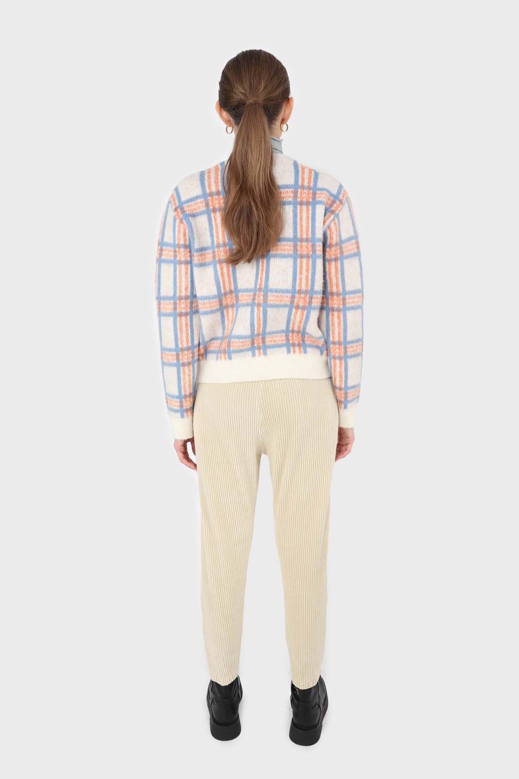 Ivory and orange multi check brushed cardigan_7