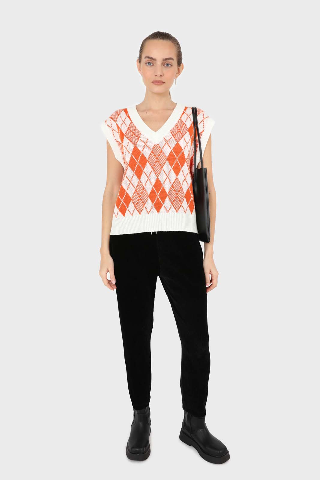 Ivory and orange bright argyle knit vest_2