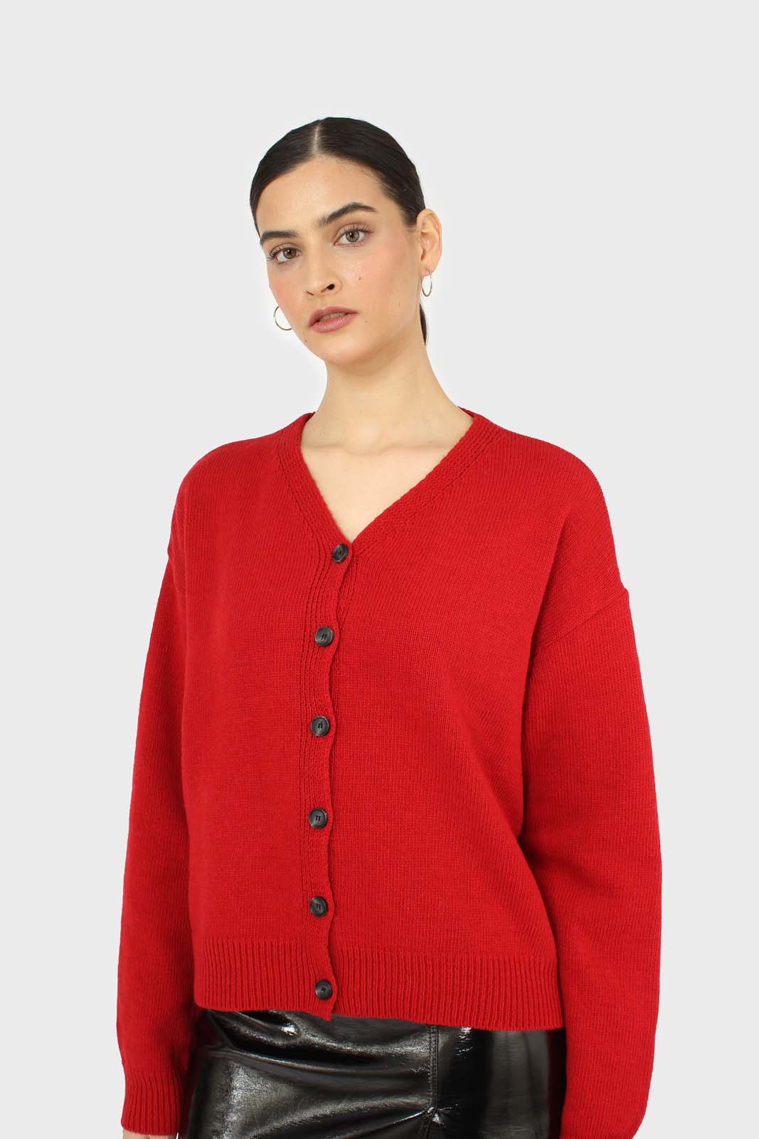 Red wool blend v-neck loose fit cardigan_1