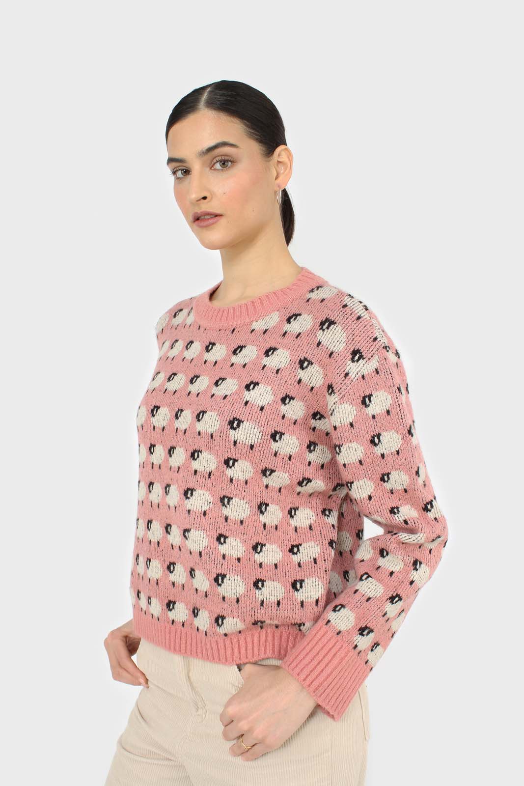 Pink intarsia sheep crew neck jumper_5