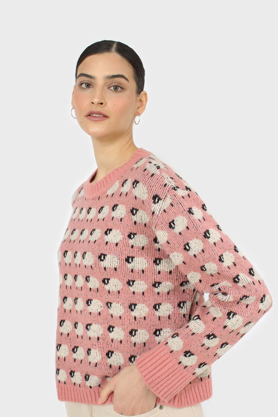 Pink intarsia sheep crew neck jumper_1