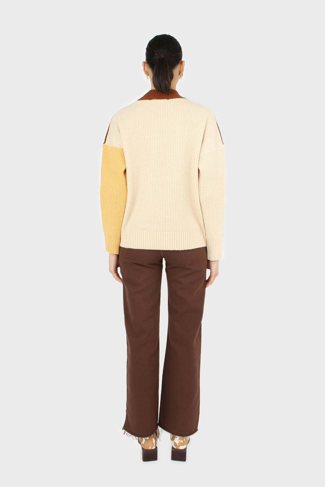 Brown and yellow diagonal block mock neck jumper_4