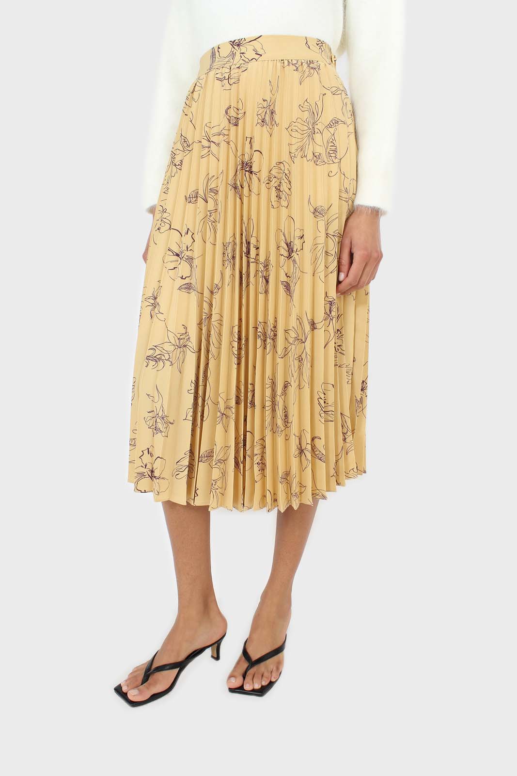 Pale yellow floral print pleated satin skirt_2