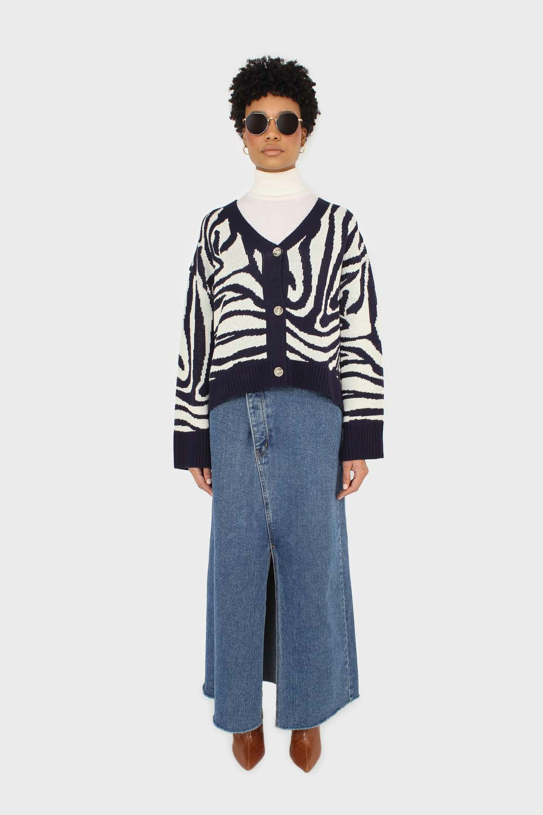 Navy blue and ivory intarsia zebra cardigan_3