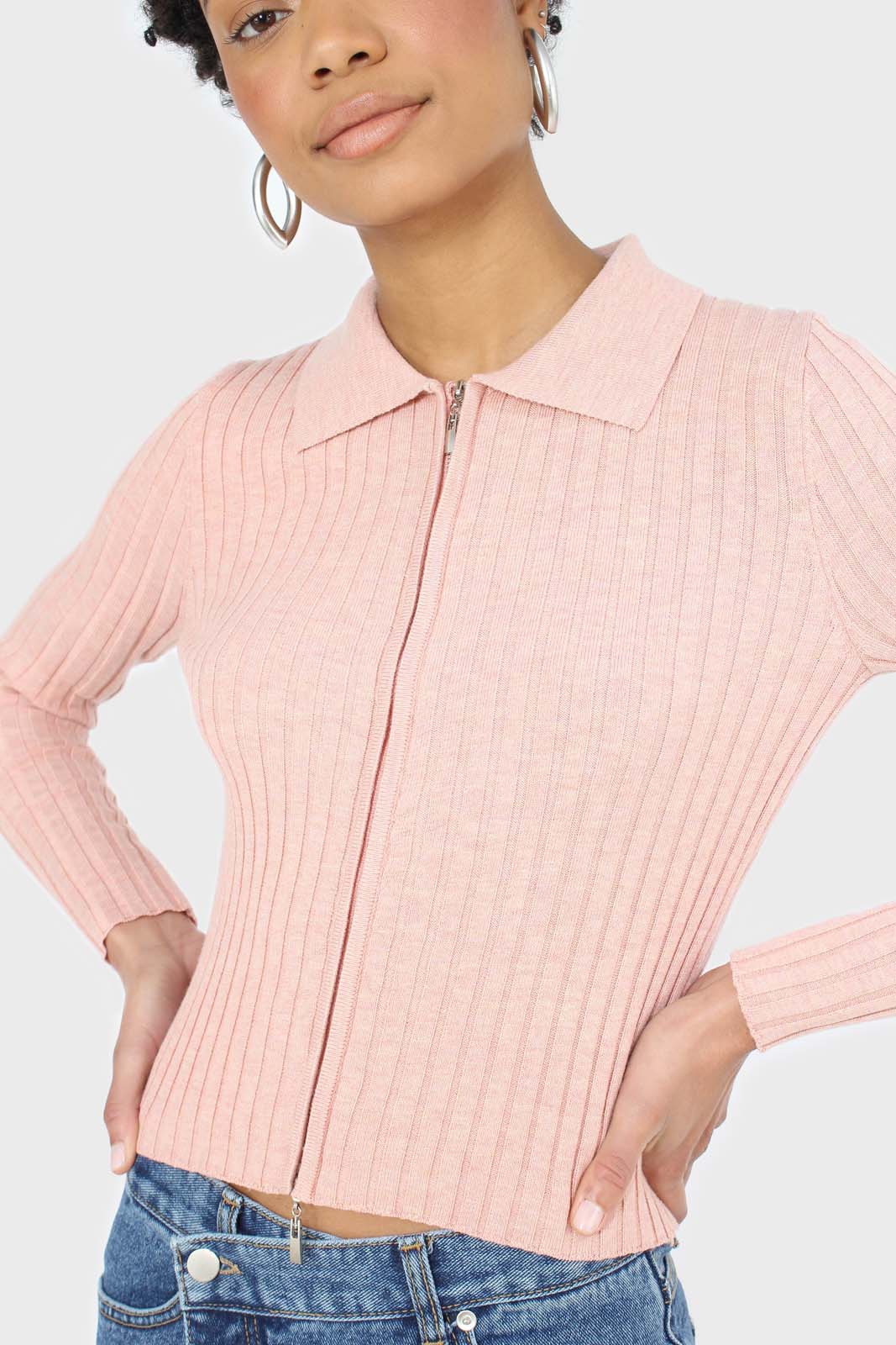 Pink zip up fitted knit top_6