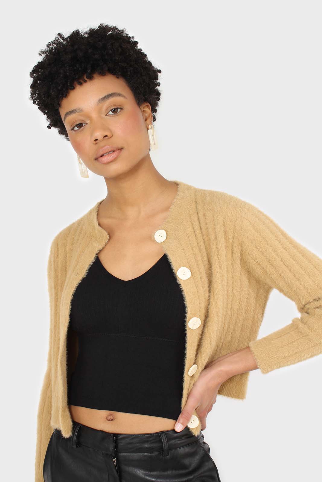 Dark beige fuzzy cropped cardigan_8