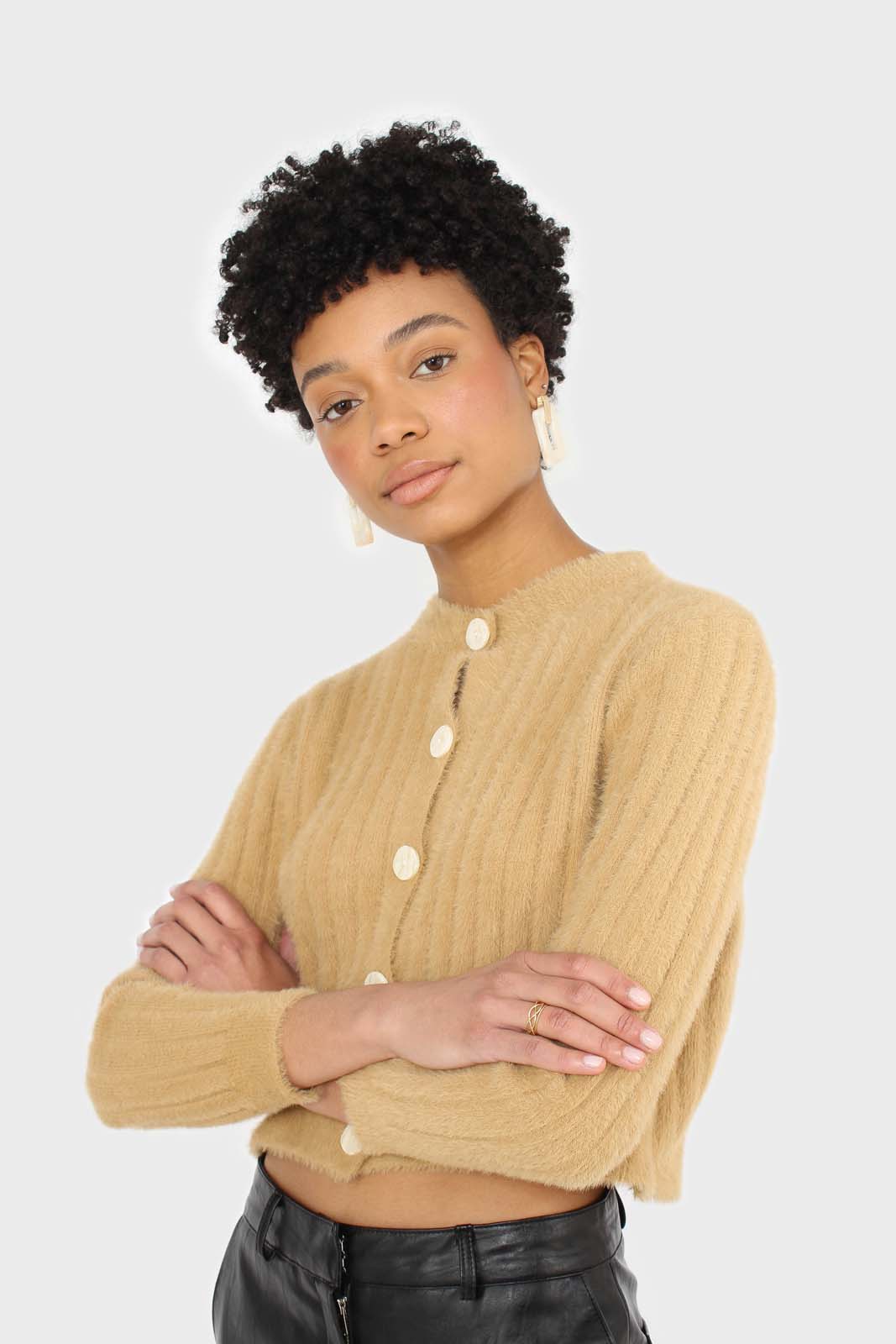 Dark beige fuzzy cropped cardigan_1