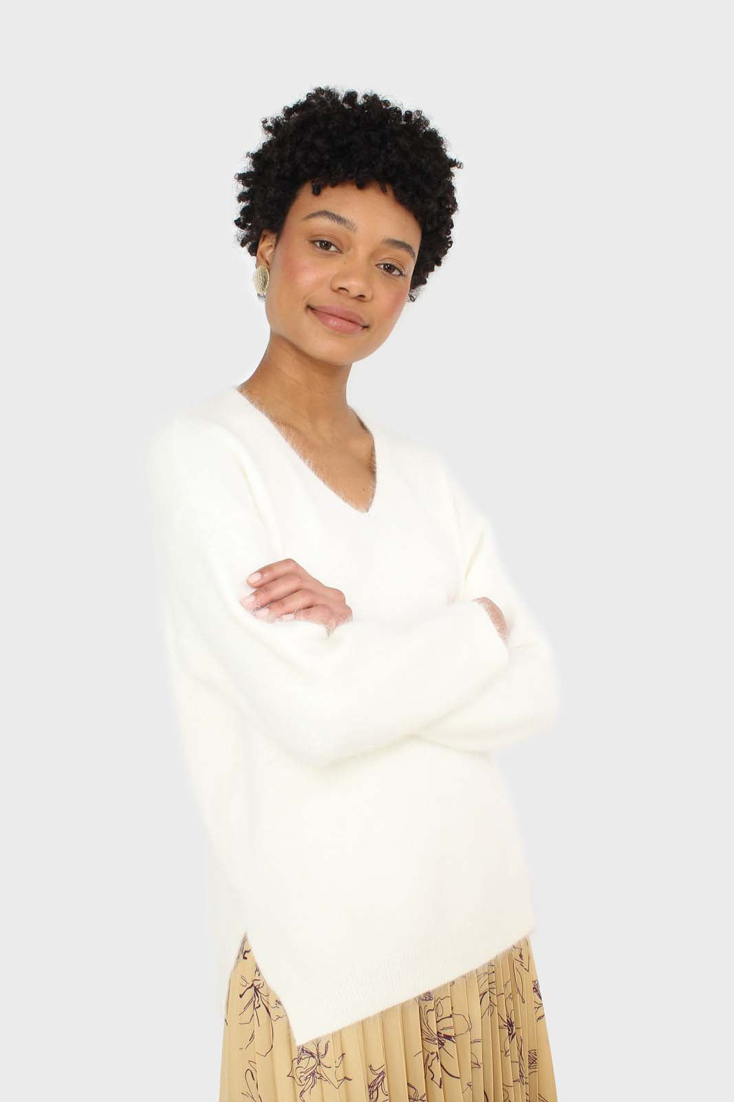 Ivory side slit V neck angora jumper_1