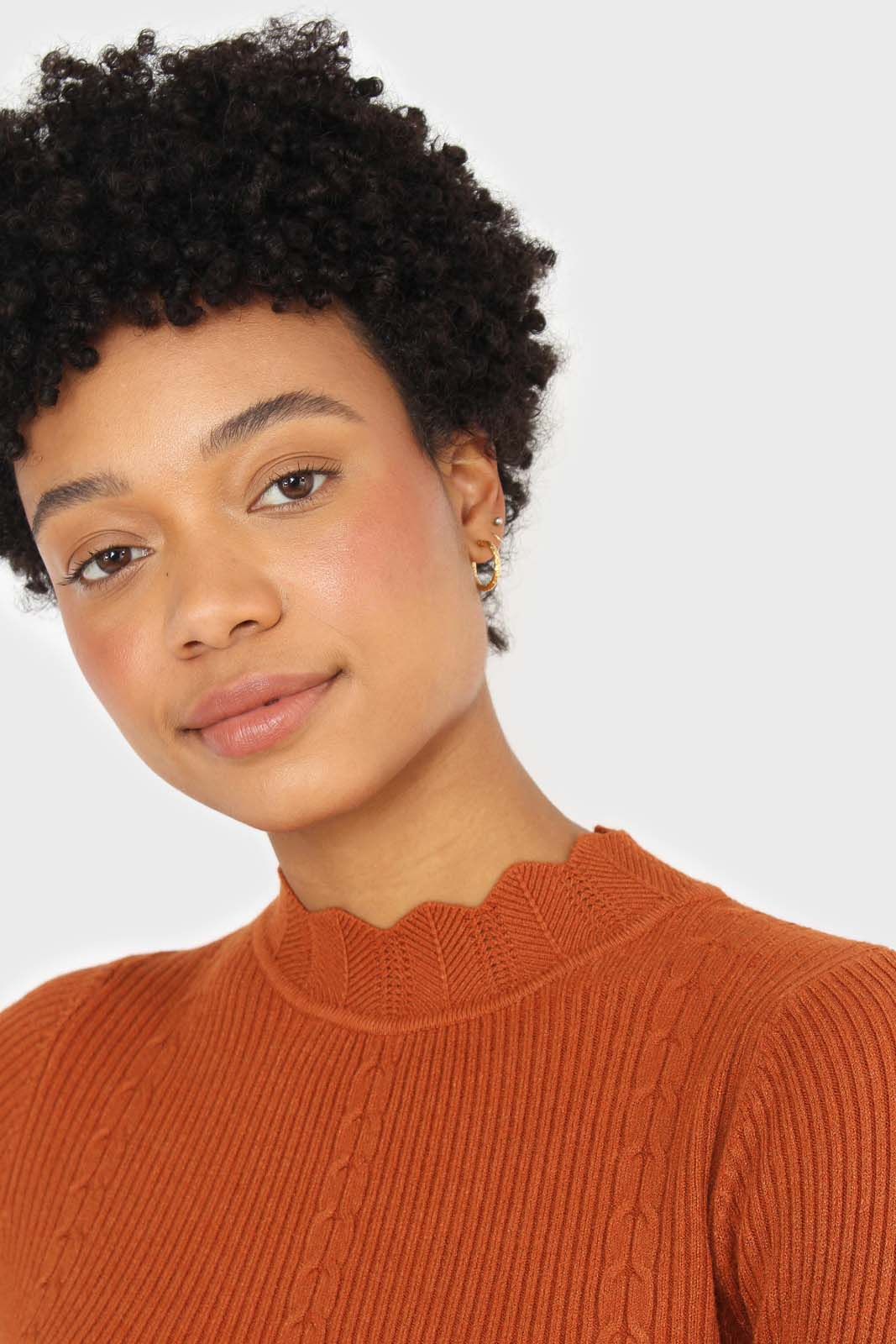 Burnt orange scalloped mock neck knit top_6