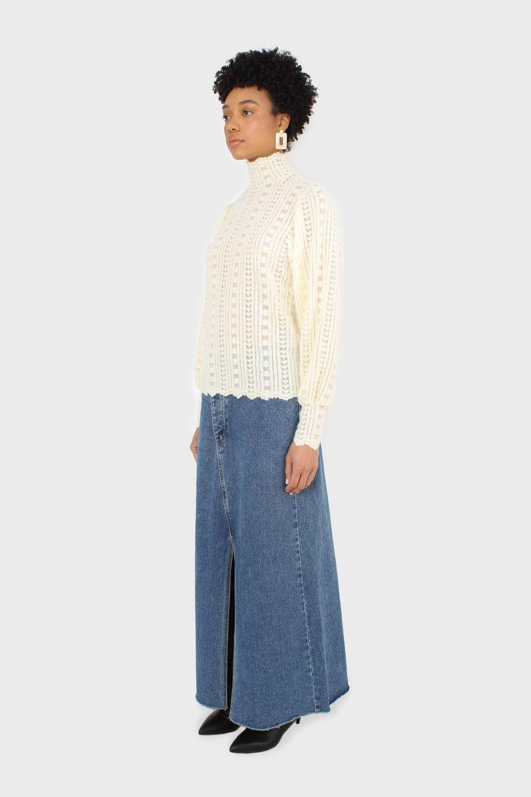 Beige fuzzy lace puff sleeve mock neck blouse_4