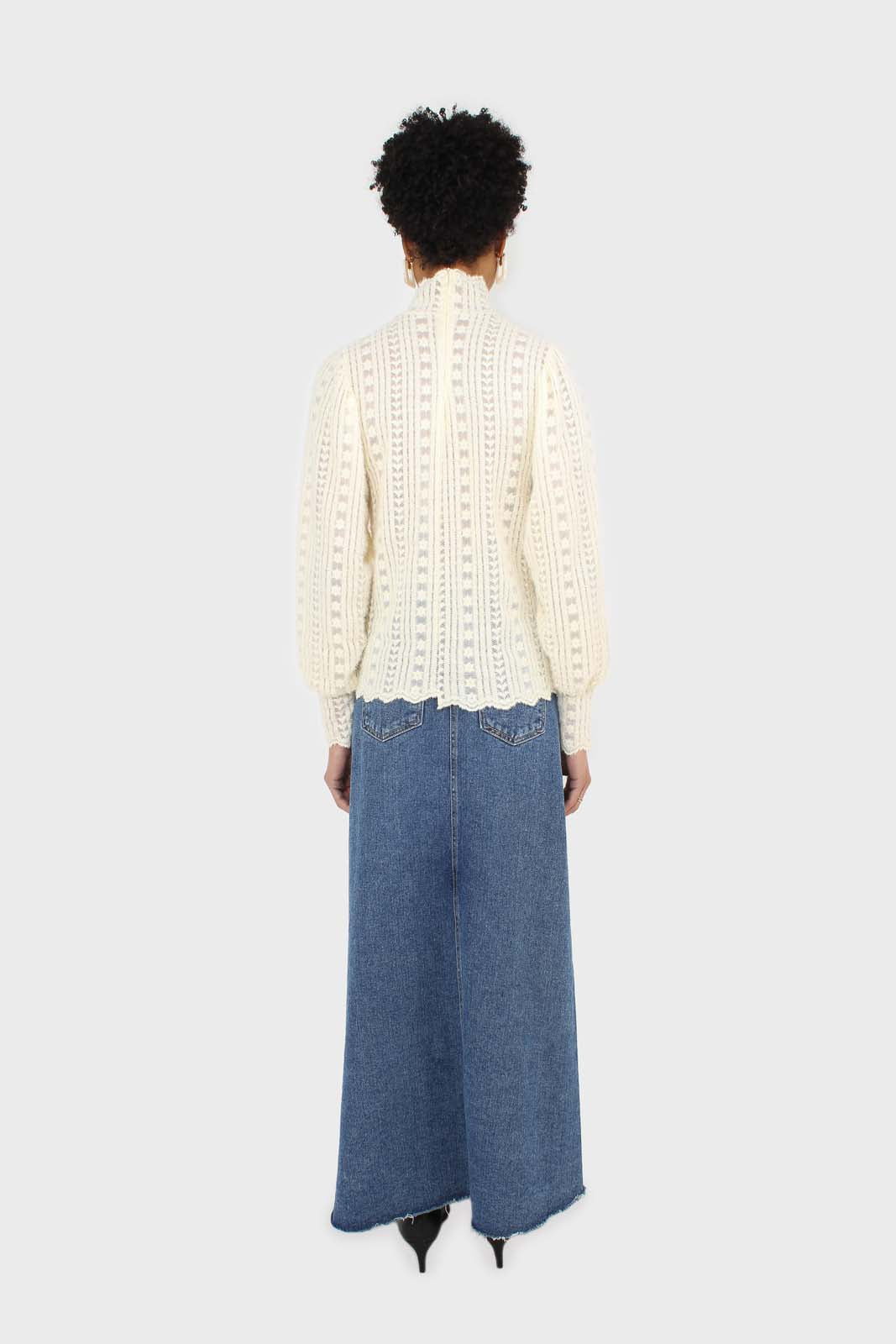 Beige fuzzy lace puff sleeve mock neck blouse_5