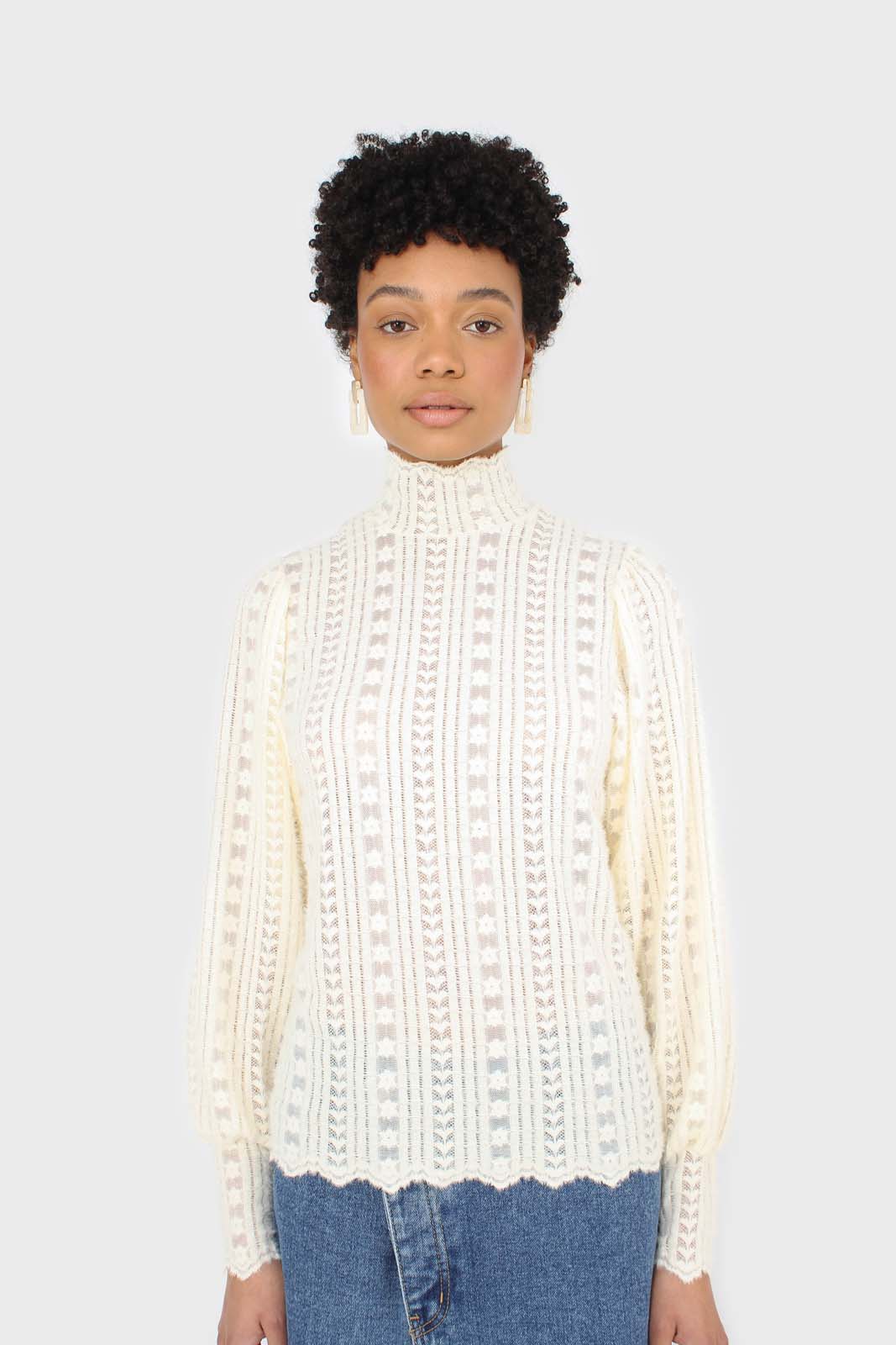 Beige fuzzy lace puff sleeve mock neck blouse_7