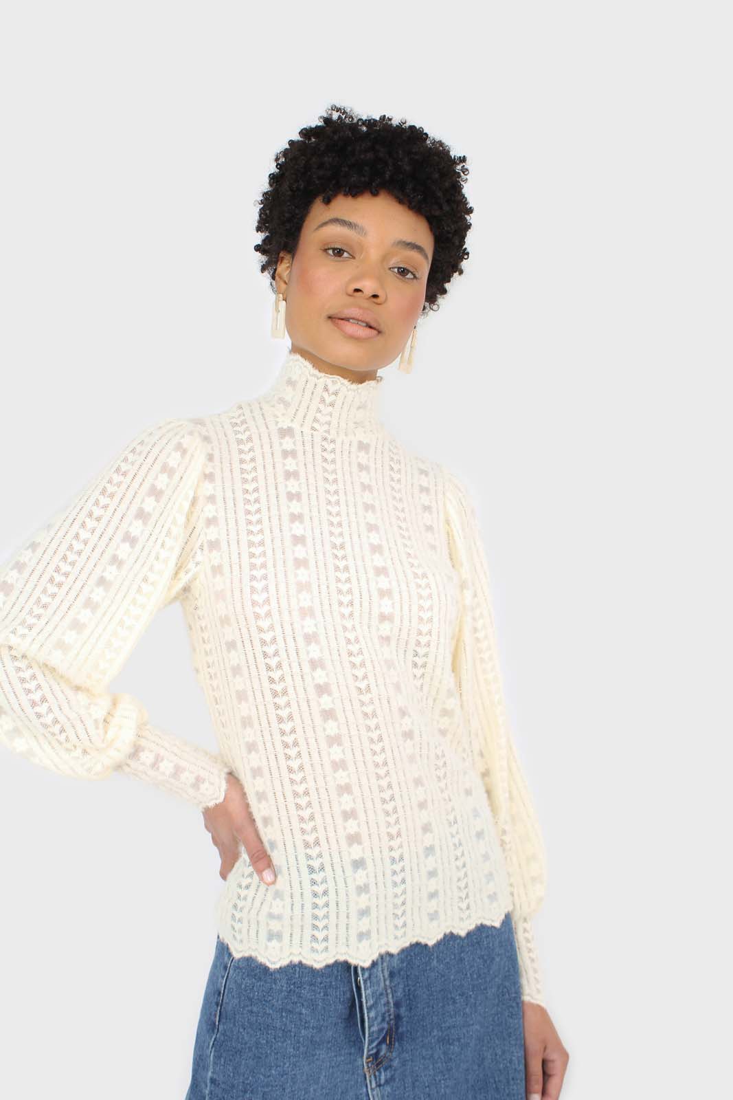 Beige fuzzy lace puff sleeve mock neck blouse_1