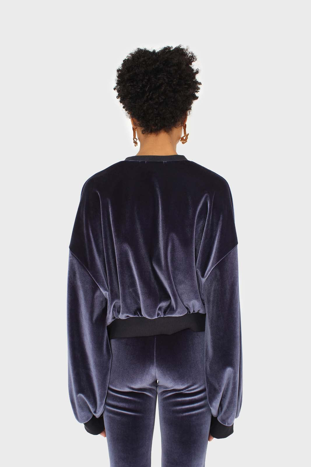 Navy smooth velvet balloon sleeve sweatshirt_4