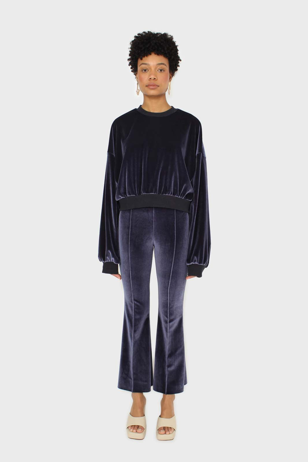 Navy smooth velvet pintuck bootcut trousers_1