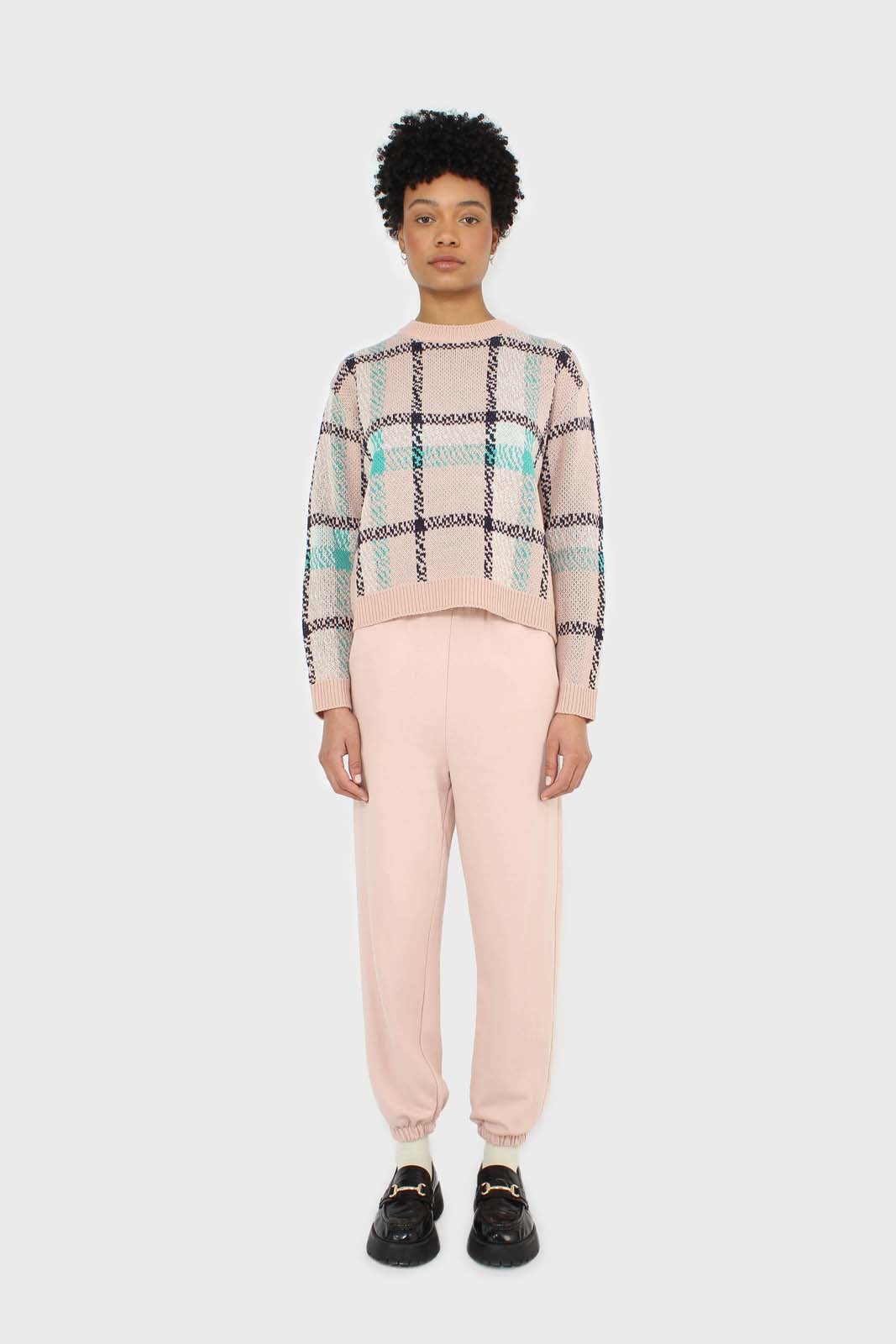 Baby pink and teal checked crew neck jumper_3