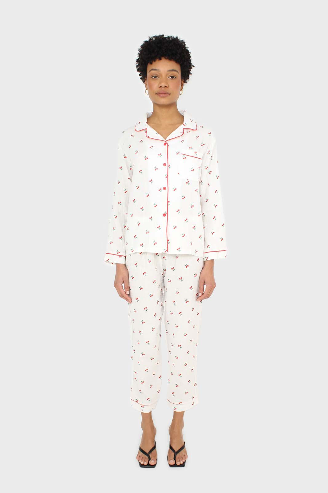 Ivory and red cherry pajama top and trousers set_1