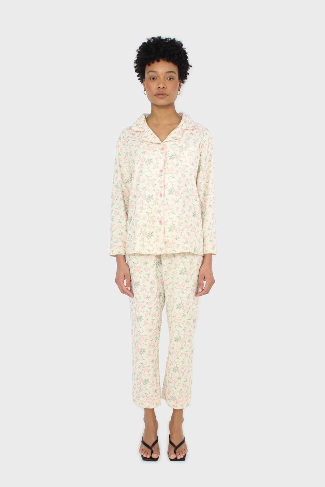 Ivory and pink floral pajama top and trousers set_1