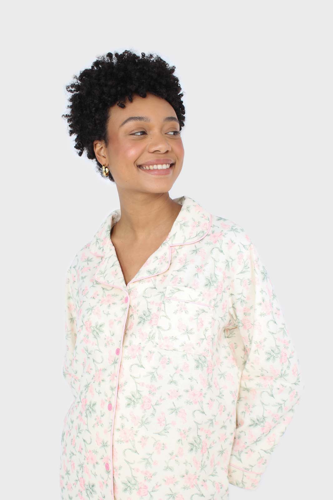 Ivory and pink floral pajama top and trousers set_9