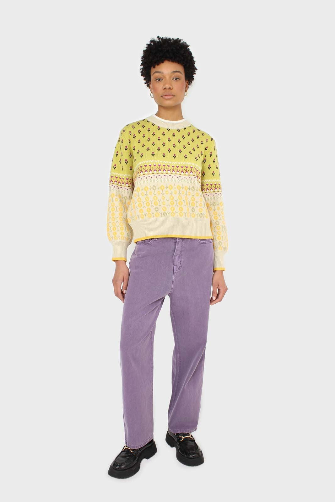Yellow floral contrast colourblock jumper_3
