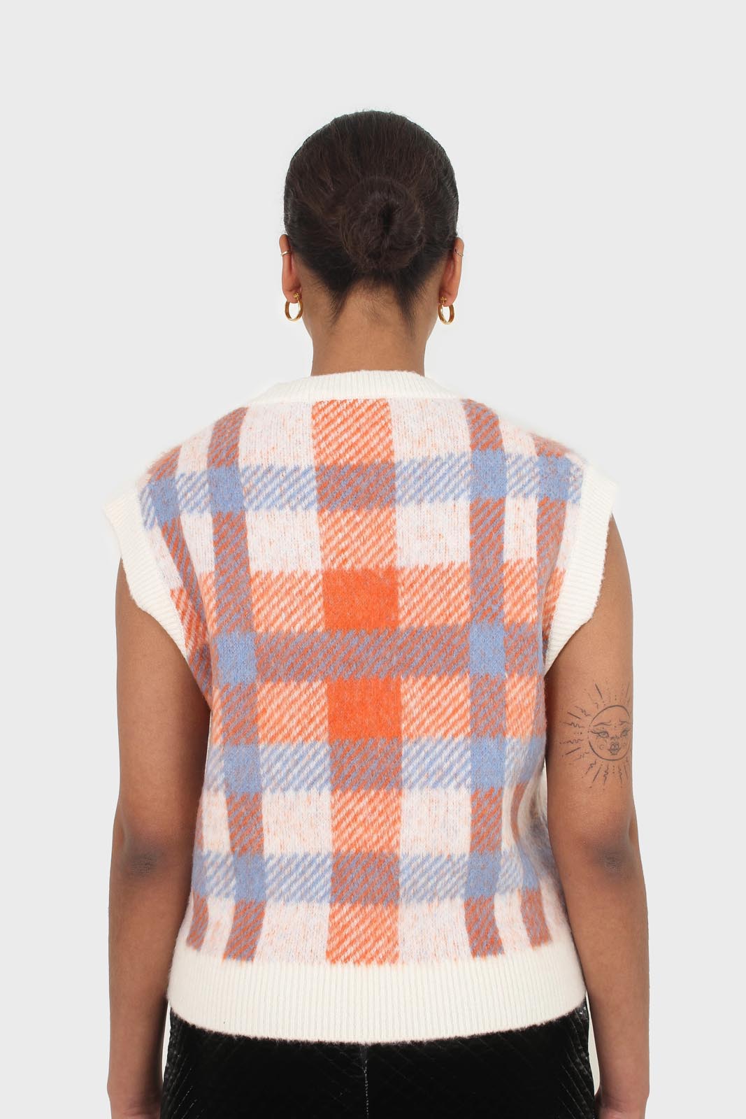 Ivory blue and orange brushed plaid sweater vest_3
