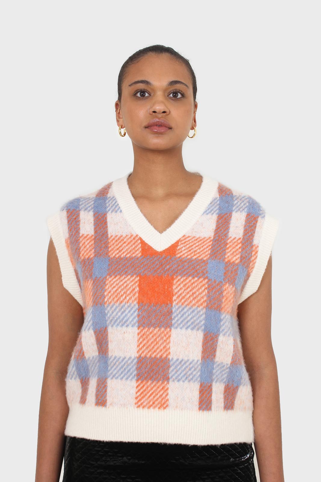 Ivory blue and orange brushed plaid sweater vest_4