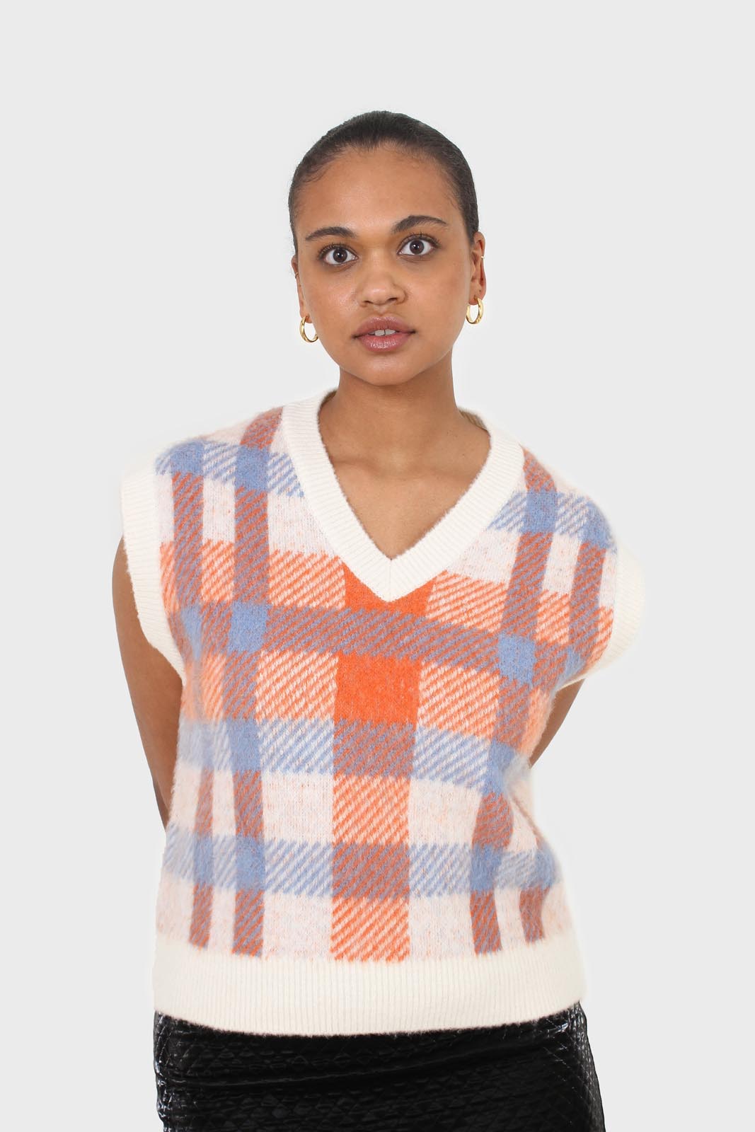 Ivory blue and orange brushed plaid sweater vest_5