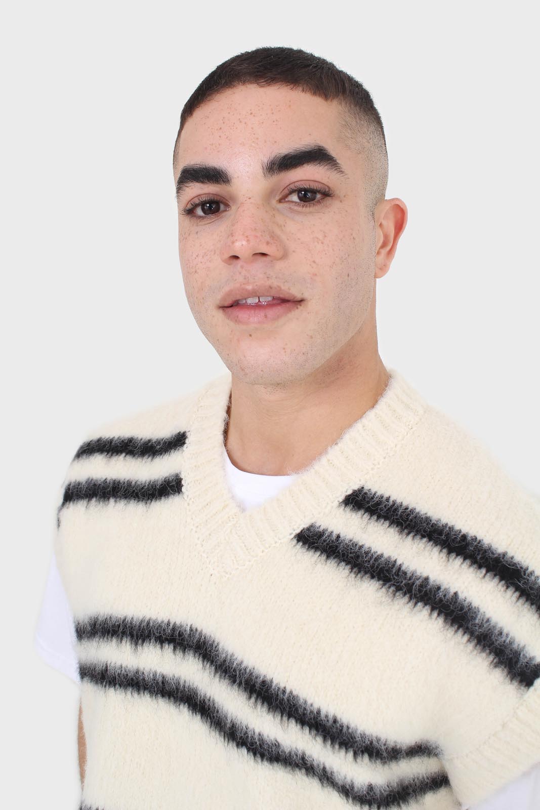 Ivory and black striped wool blend sweater vest_2