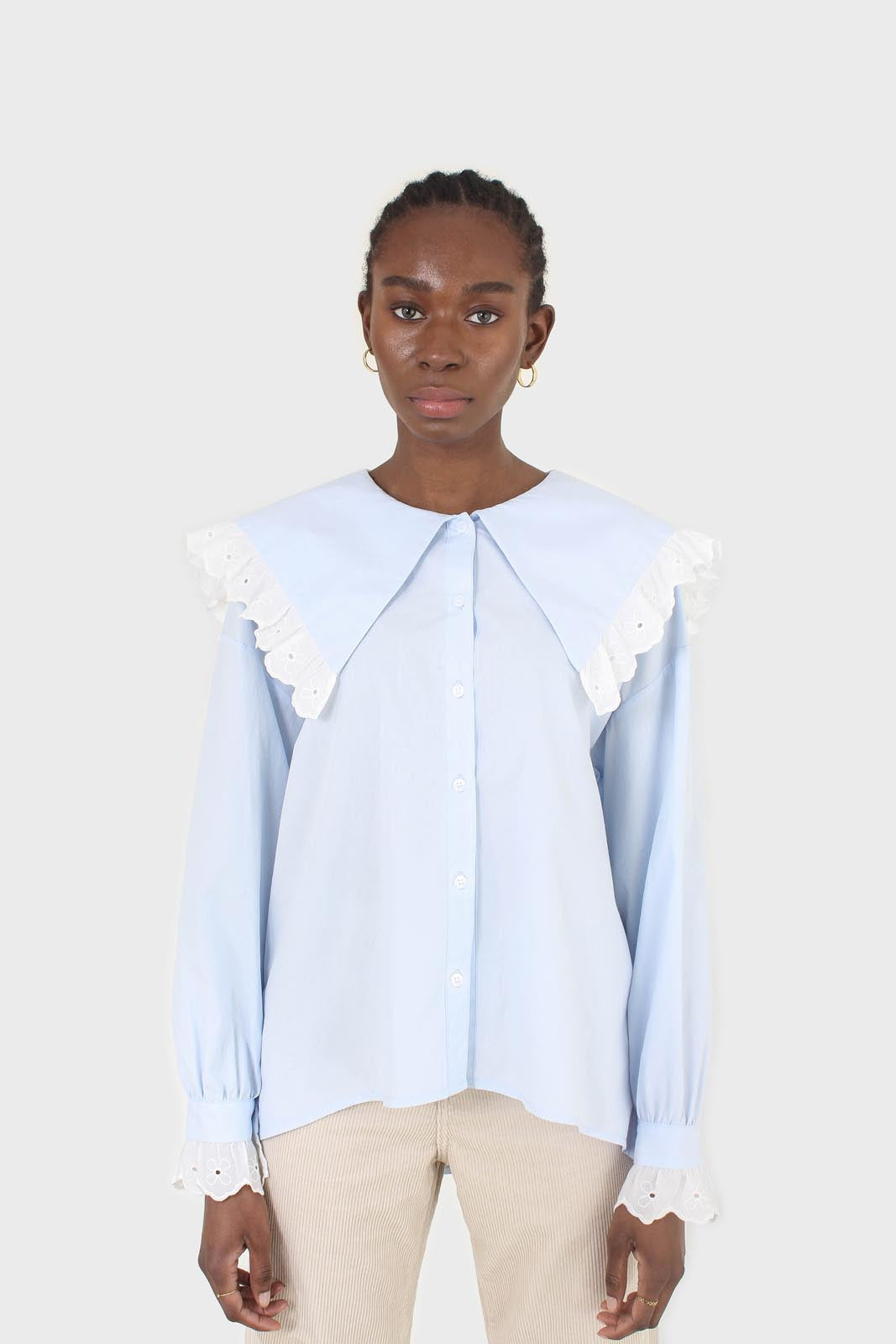 Blue large pointed collar cotton blouse_5