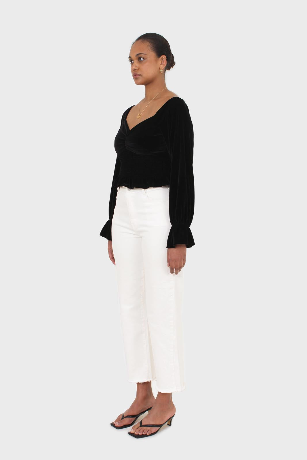 Black velvet smocked crop off shoulder top_4